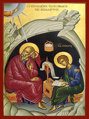 APOSTLE ΑΝD EVANGELIST SAINT JOHN THE THEOLOGIAN WITH SAINT PROCHORUS THE APOSTLE, IN CAVE, FULL BODY