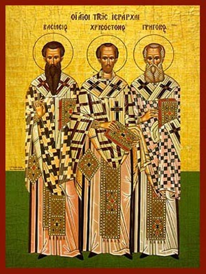 THREE HOLY HIERARCHS, SAINTS BASIL THE GREAT, GREGORY THE THEOLOGIAN, JOHN THE CHRYSOSTOM, FULL BODY - Icon Print on Paper, 6×9cm / 2,4×3,6in