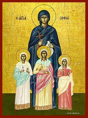 SAINTS SOPHIA AND DAUGHTERS, FAITH, HOPE AND LOVE, FULL BODY - Icon Print on Paper, 6×9cm / 2,4×3,6in