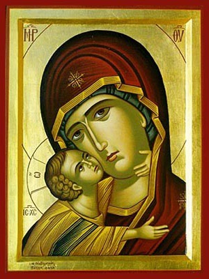 VIRGIN AND CHILD, SWEET KISSING, BUST - Icon Print on Paper, 4x5cm / 1,6x2in