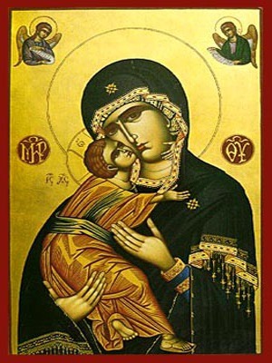 VIRGIN AND CHILD, SWEET KISSING WITH ANGELS - Icon Print on Paper, 20×26cm / 8×10,4in
