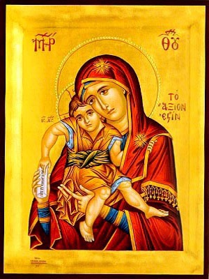 VIRGIN AND CHILD, AXION ESTI (IT IS TRULY MEET) - Icon Print on Paper, 6×9cm / 2,4×3,6in