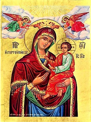 VIRGIN AND CHILD, HODEGETRIA, GORGOYPEKOOS WITH ANGELS 'THE QUICK HEARER OF MT. ATHOS' - Silkscreen on Cotton Canvas, 4x5cm / 1,6x2in