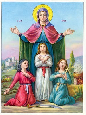 SAINTS SOPHIA AND DAUGHTERS, FAITH, HOPE AND LOVE, FULL BODY - Icon Print on Paper, 6×9cm / 2,4×3,6in