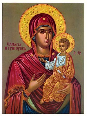 VIRGIN AND CHILD, HODEGETRIA, GREGOROUSA - Icon Print on Paper, 6×9cm / 2,4×3,6in