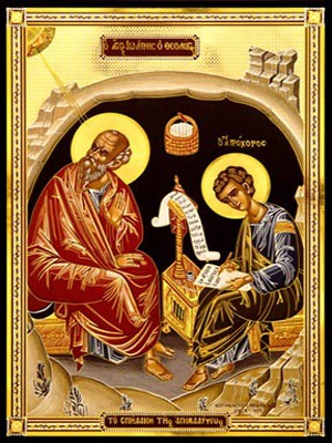 APOSTLE ΑΝD EVANGELIST SAINT JOHN THE THEOLOGIAN WITH SAINT PROCHORUS THE APOSTLE, IN CAVE, FULL BODY
